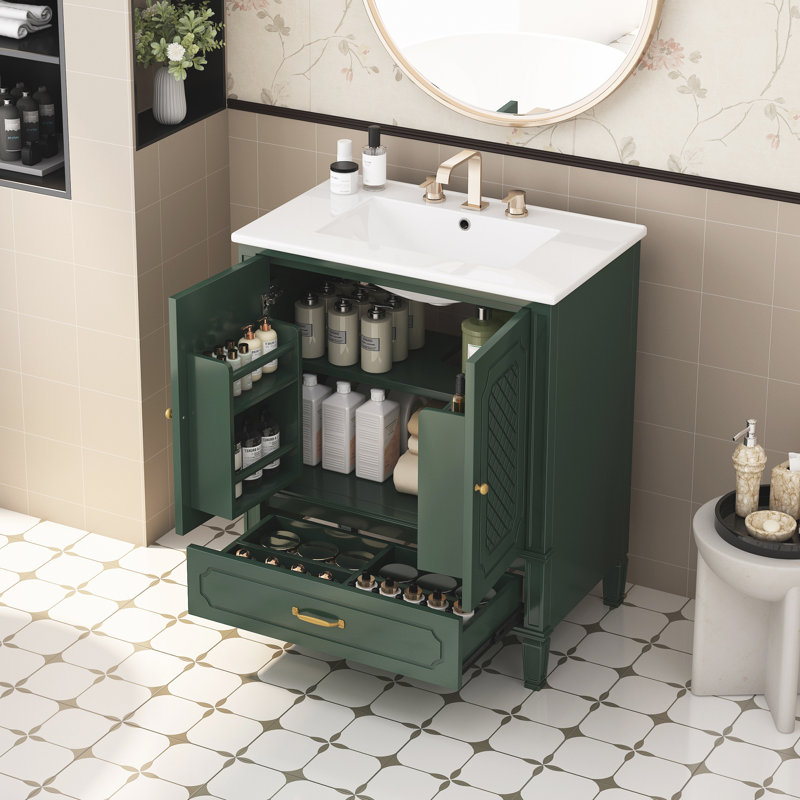 Meuble-lavabo multifonctionnel avec porte et tablette, Vert foncé, Doré