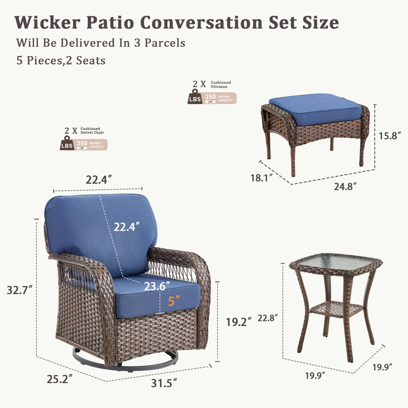 Ensemble de 5 pièces en rotin d'extérieur de qualité supérieure, 2 chaises coulissantes pivotantes avec dossiers en forme de T, 2 repose-pieds multifonctionnels et une table d'appoint en verre renforcé pour le patio, le jardin, la piscine et la cour