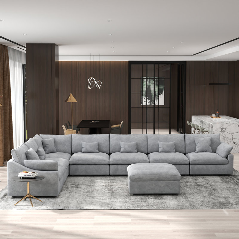 Canapé modulaire en U avec repose-pieds mobile, Rembourrage en mousse gris clair