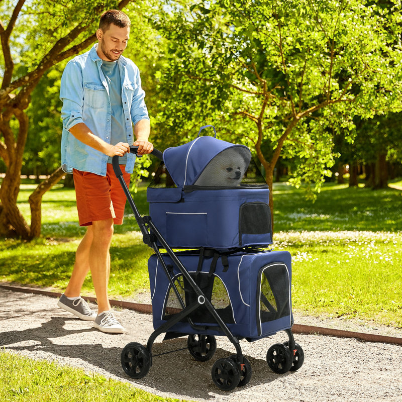 Foldable Pet Stroller with Detachable Carrier, Dark Blue