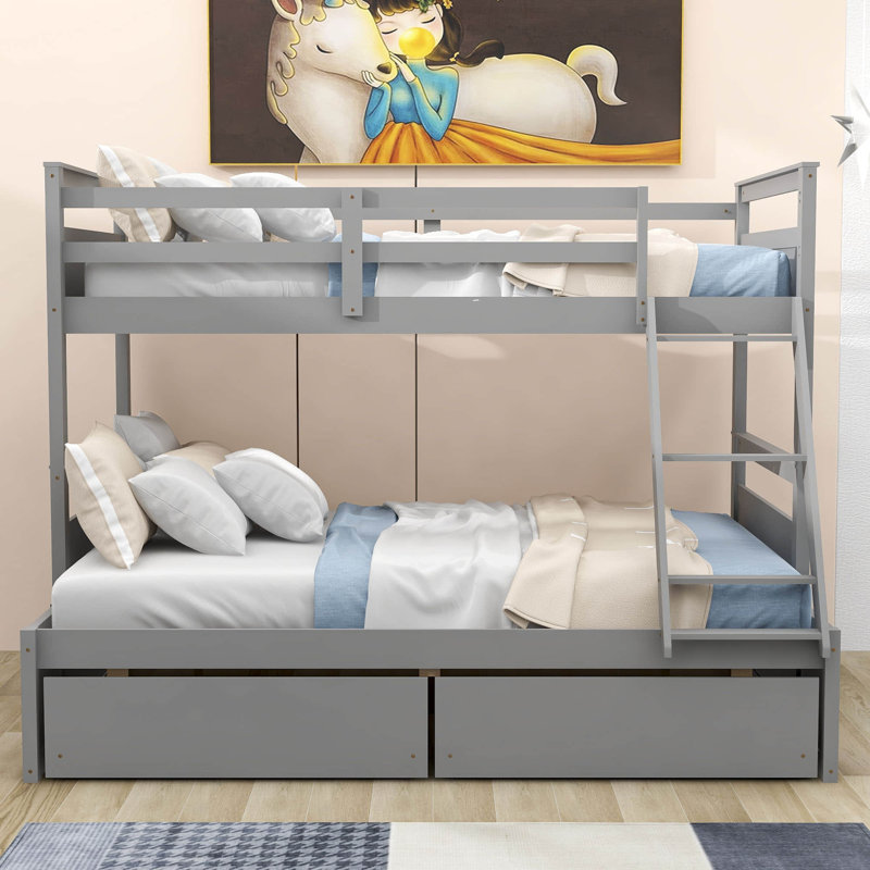Lit superposé simple au dessus d'un lit double en bois avec 2 tiroirs de rangement, gris