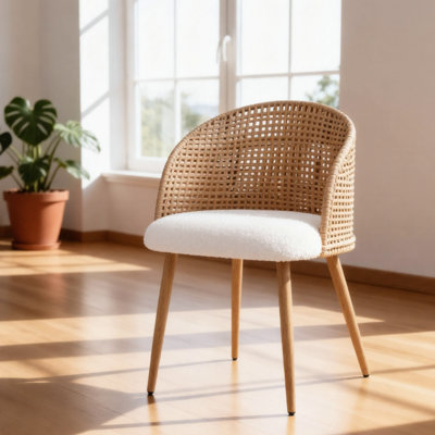 Cadre de style bohémien à quatre chaises en rotin assorti à des coussins beiges modernes pour les espaces repas
