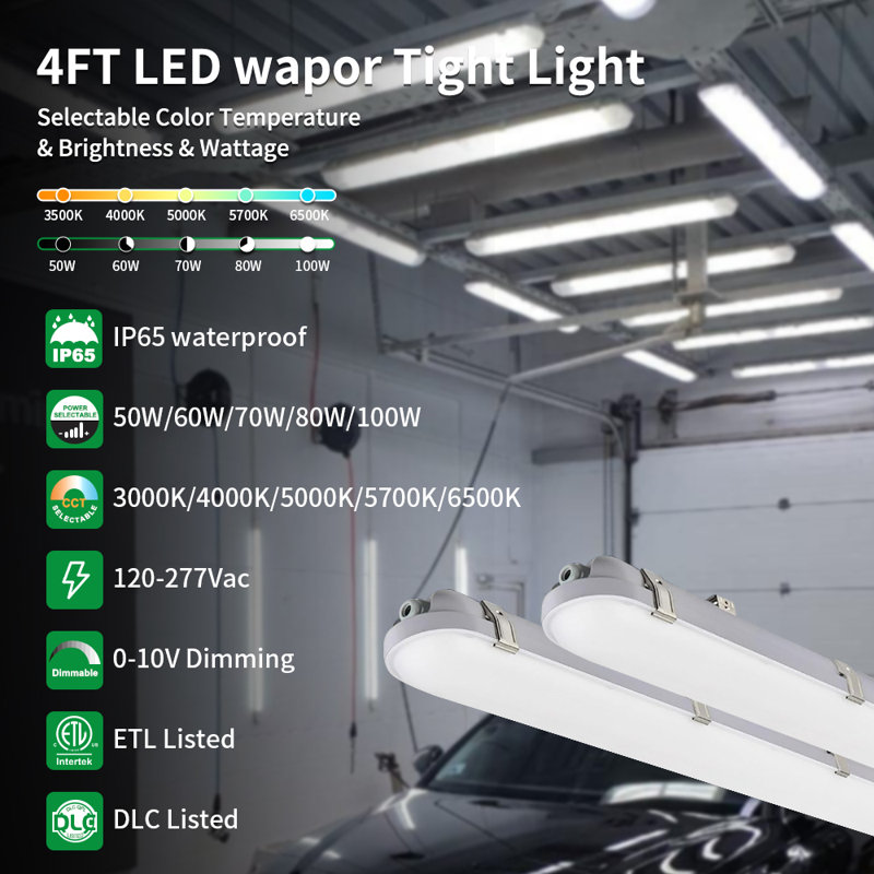Luminaire étanche à la vapeur de 120 à 277 V commercial de 8 pi, gradable de 0 à 10 V, étanche IP65, 100 W sélectionnable de puissance et CCT, 1 paquet