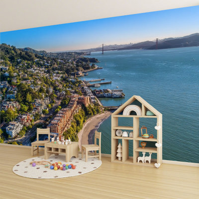 Peel and Stick Wallpaper 96" L x 69" W Modern Self Adhesive Wall Mural for Bedroom Aerial View Sausalito Golden Gate Bridge