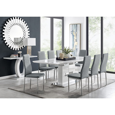Alezzo Modern High Gloss Extendable Dining Table Set with 8 Quilted Faux Leather Dining Chairs