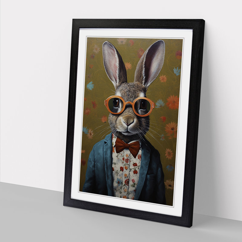 Rabbit With Glasses No.2 - Framed Print, 64cm H x 46cm W x 2cm D, Black Framed