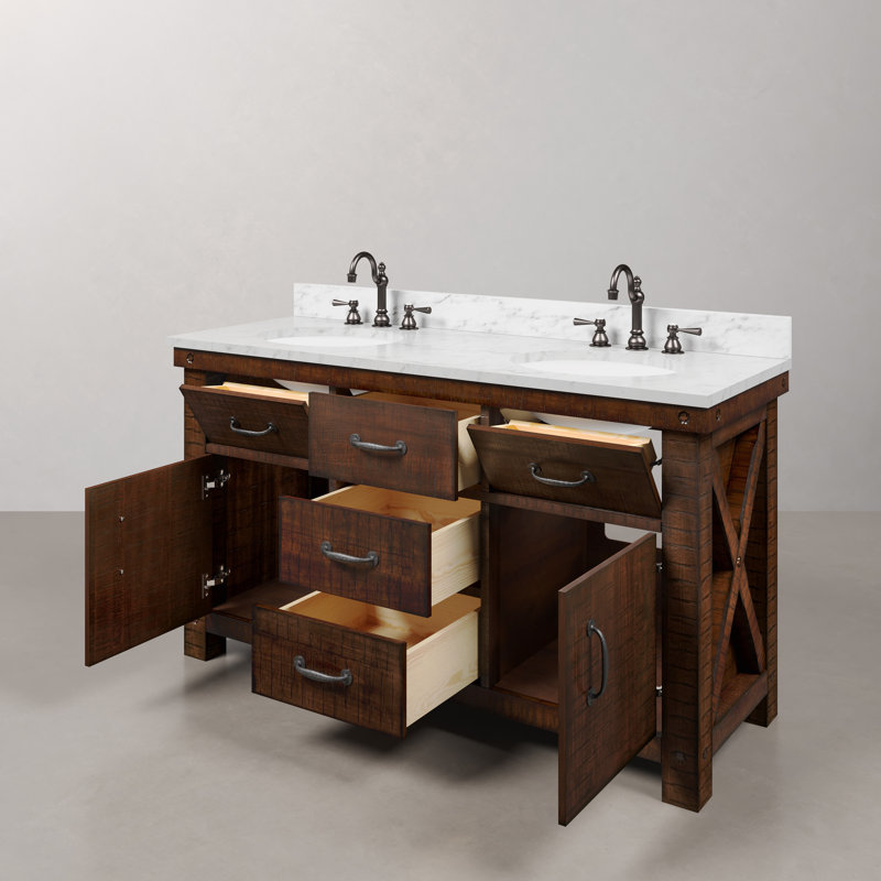 Aberdeen 60 In. Double Sink Blue Limestone Countertop Vanity In Rustic Sierra With Hook Faucets, Carrara White