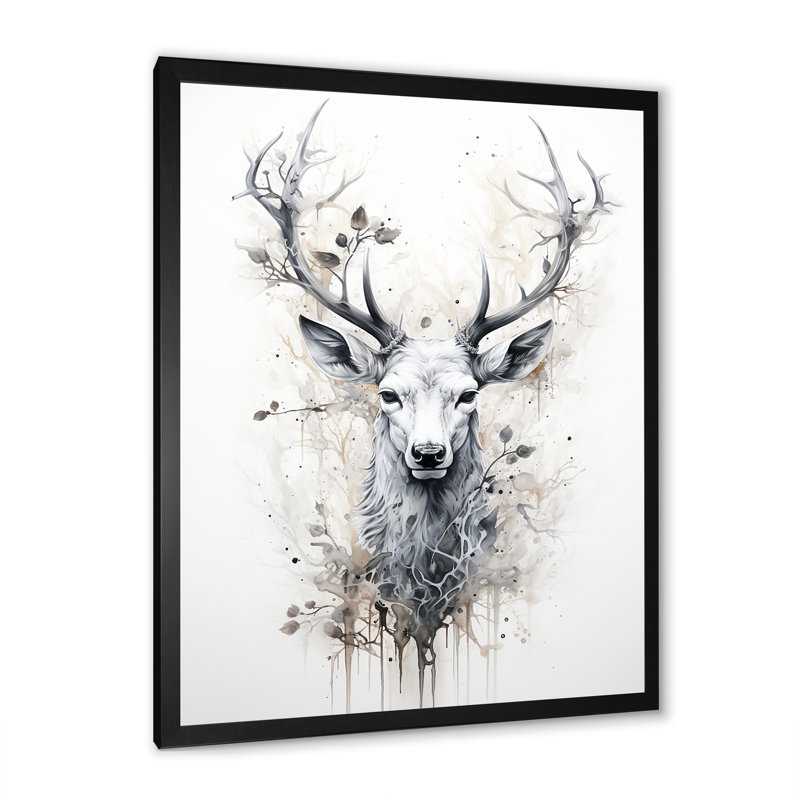 Portrait de cerf noir et blanc sur toile, H 32 po x l 24 po x P 1 po, Cadre simple noir
