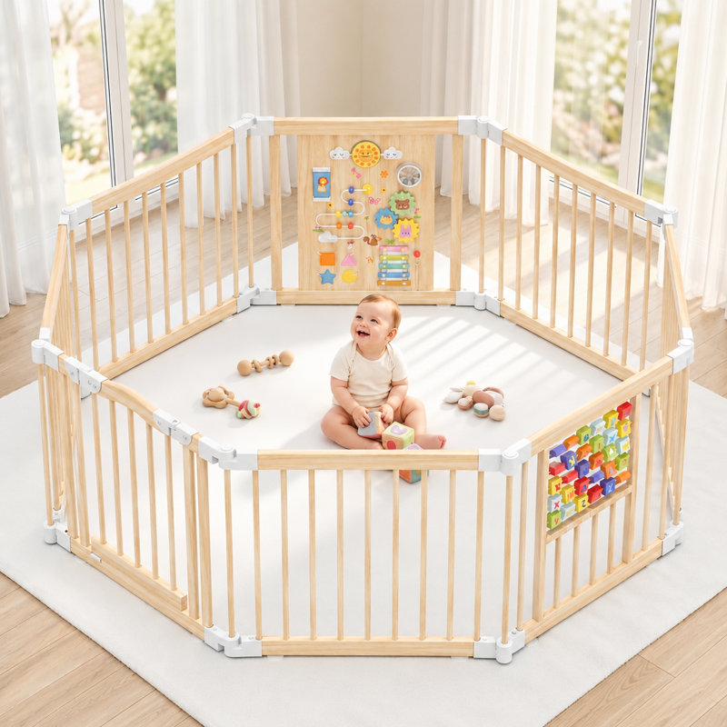 Parc pour bébé en bois Suteck, parc pliable à 8 panneaux, barrière de jeu ajustable pour bébé, P 56 po x l 56 po x H 24 po