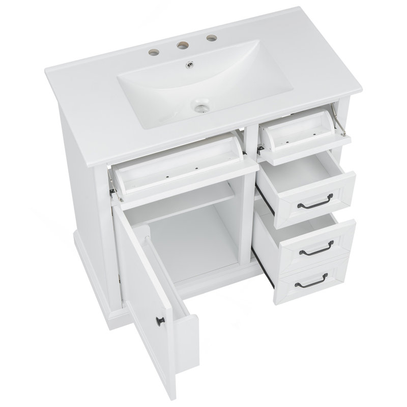 Meuble-lavabo 36 po avec lavabo, lavabo en céramique, 2 tiroirs basculants, charnières de porte à fermeture en douceur, blanc