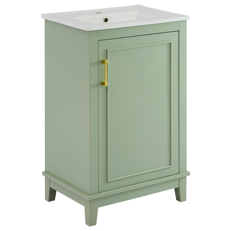 Meuble-lavabo moderne avec lavabo en céramique et grand rangement, Vert