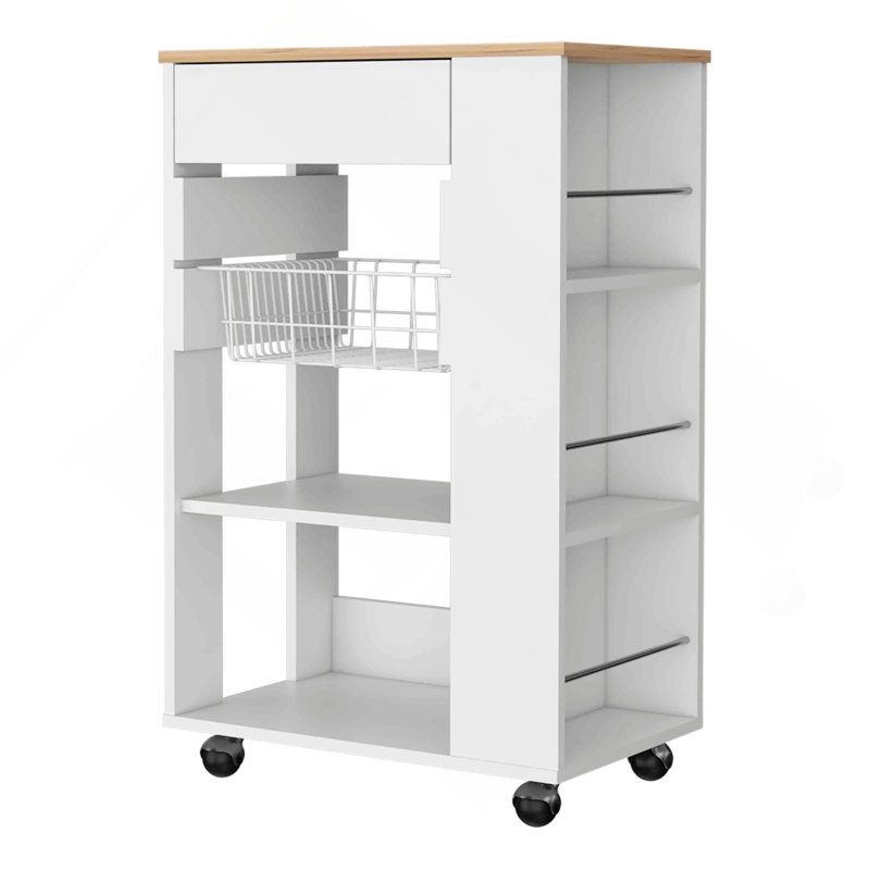 Chariot de cuisine, deux tablettes ouvertes, un tiroir, quatre roulettes, Blanc