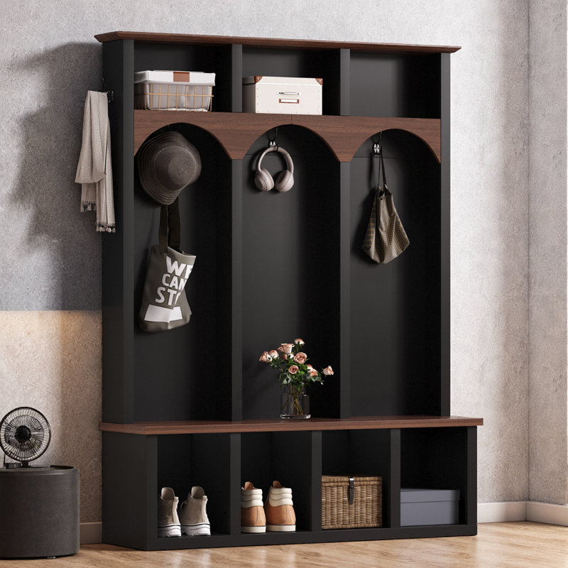 59" Farmhouse Hall Tree with Arched Design, 5 Black Hooks, 7 Open Cubbies, 1.18" Thick Seat, Anti-Tip Kit, Mudroom Entryway