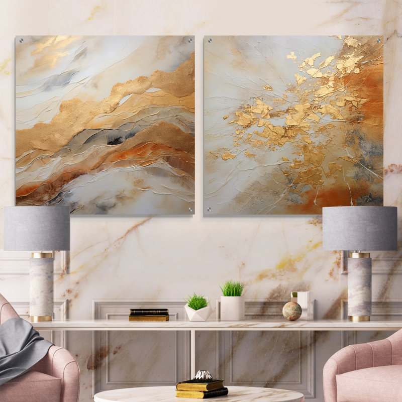 Geode Magic I - marbre abstrait doré - ensemble de 2 art mural en acrylique sur verre abstrait, H 36 po x l 73 po
