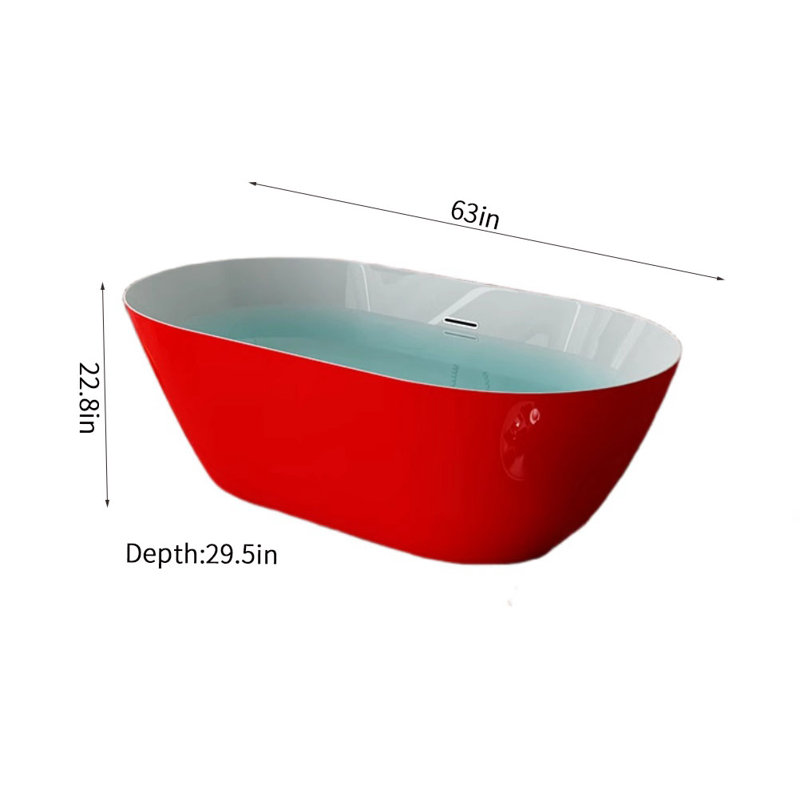 63'' x 29.5'' Freestanding Soaking Acrylic Bathtub, Red
