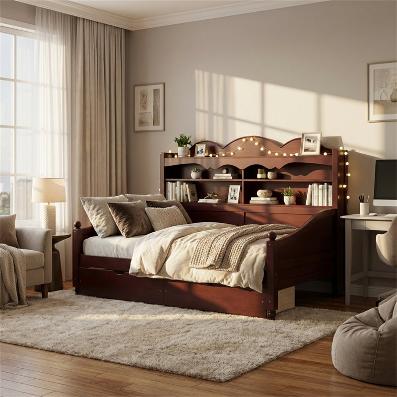 Twin-Size Daybed Frame, Platform Bed With Storage, Espresso Wooden Daybed, No Spring Box Required, Vintage Style, Walnut