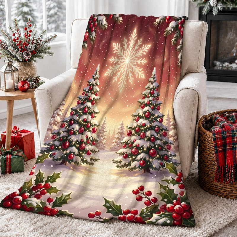 Couverture jetée motif paysage d'hiver et sapins de Noël, 76 x 102 cm. Livrée avec deux taies d'oreiller (garnitures non comprises).