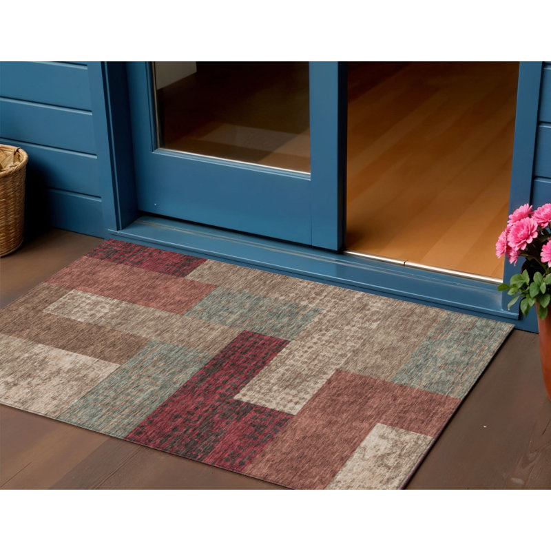 3' X 5' Brown And Terra Cotta Geometric Washable Indoor Outdoor Area Rug