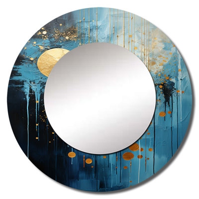 Sava Moon Blue And Gold Cerulean Cycle Dreams II - Moon Large Mirror, Blue Round Decorative Wall Mirror, Printed Metal Art