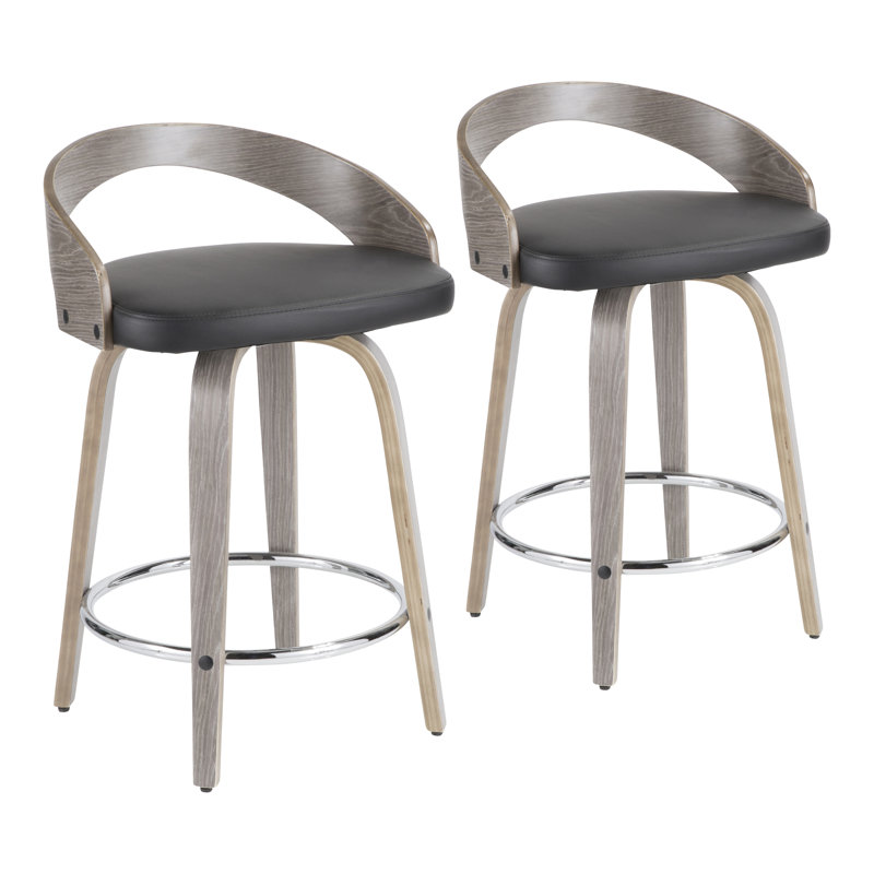 2 Piece Minda Swivel Stool, Light Gray/Chrome, Counter Stool (23.75" Seat Height), Black Faux Leather