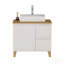 Meuble-lavabo moderne de 80 cm avec lavabo intégré, 1 porte et 2 grands tiroirs, système de fermeture amortie, design sans poignées, plateau et pieds en bois massif naturel, lavabo rond en céramique sur le comptoir, blanc lustré-837923037