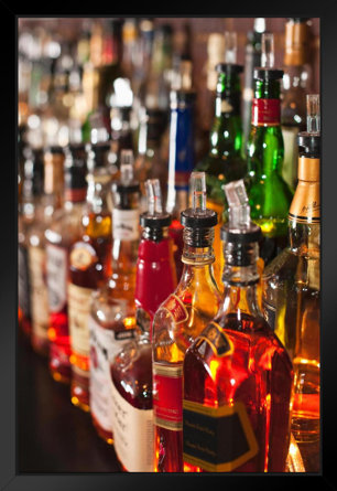 Choices Bottles Of Liquor Whiskey Bourbon Sitting On A Shelf Photo Art Print Black Wood Framed Poster 14X20