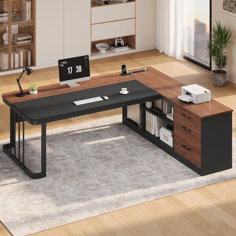 70.9" Executive Desk, L Shaped Desk With Power Outlets, Corner Computer Desk With 3 Storage Drawers For Home Office, Walnut