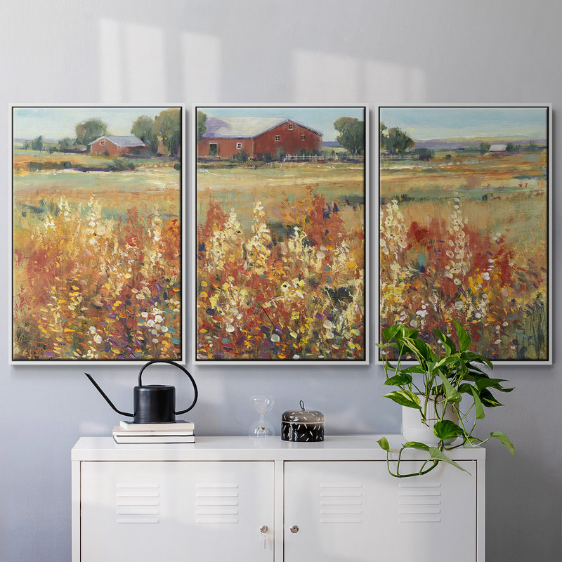 «Country View II», peinture sur toile 3 pièces, Cadre blanc, H 36 po x l 75 po