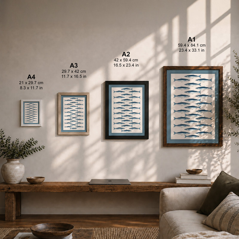 Mackerel Study Japandi - Framed Print, A1 - 84.1 x 59.4 cm, White