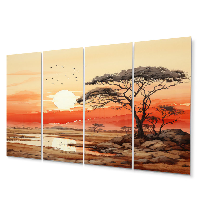 Ensemble de 4 décorations murales paysage africain jaune orange