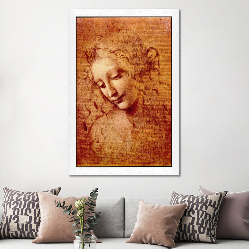 Head Of A Woman by Leonardo Da Vinci - Print on Canvas, 152.5 cm H x 101.5 cm W, White Framed
