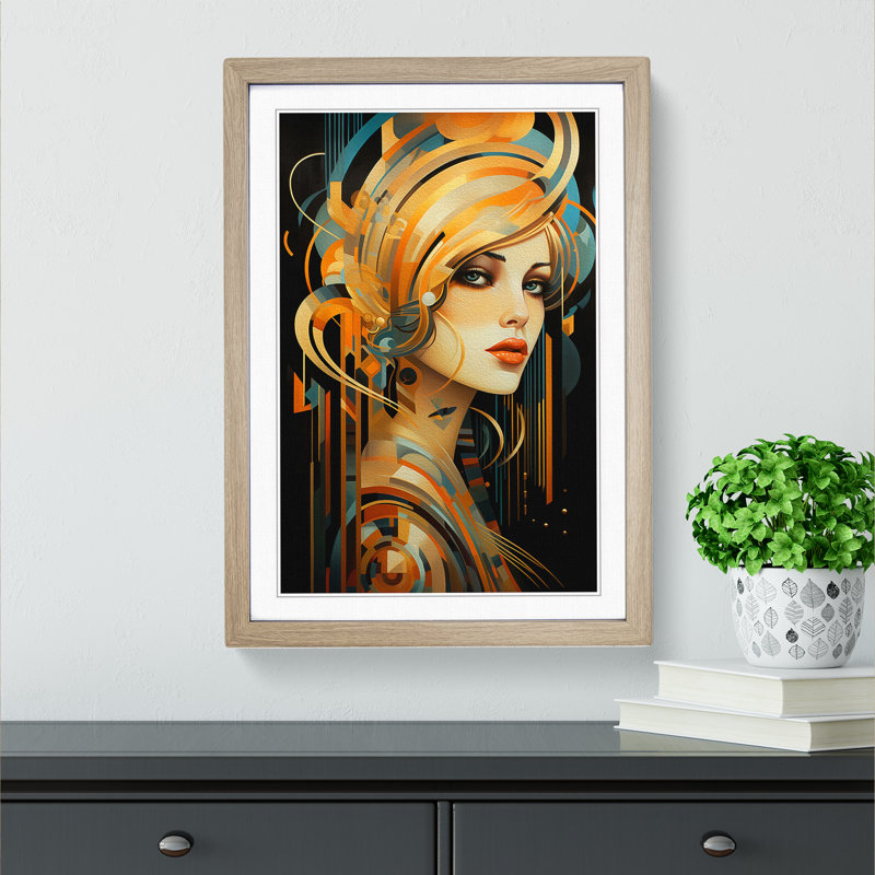 Art Deco Woman Modern Art Framed Print, 34cm H x 25cm W, Oak Framed