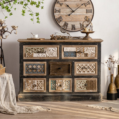 Rustic Wood Carved Storage Cabinet