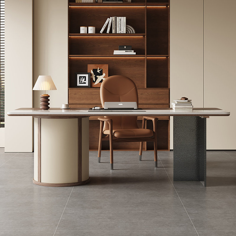 Noyer brun + pierre frittée rectangulaire beige + bois massif + bureau en acrylique, H 29,53 po x l 62,99 po x P 31,5 po