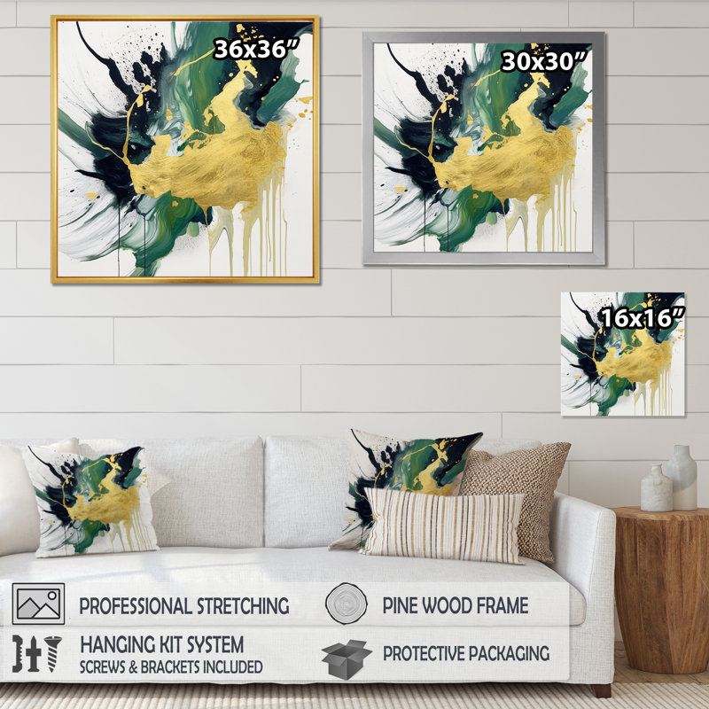 Vert et jaune, Cadre flottant doré, H 36 po x l 36 po