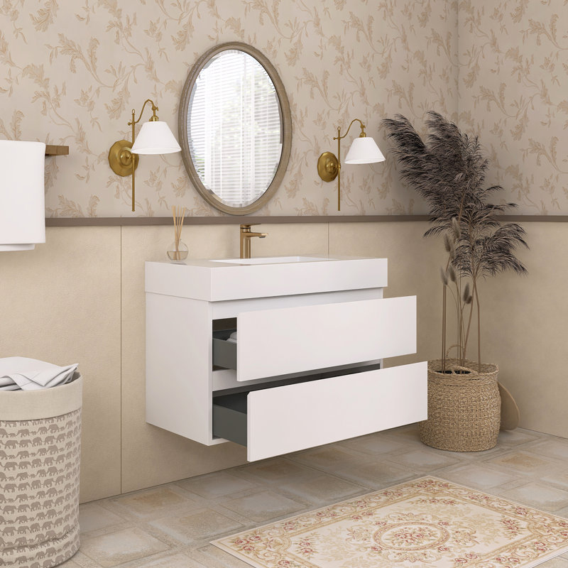 Sibin 35.8'' Single Bathroom Vanity with Solid Surface Top, White, White