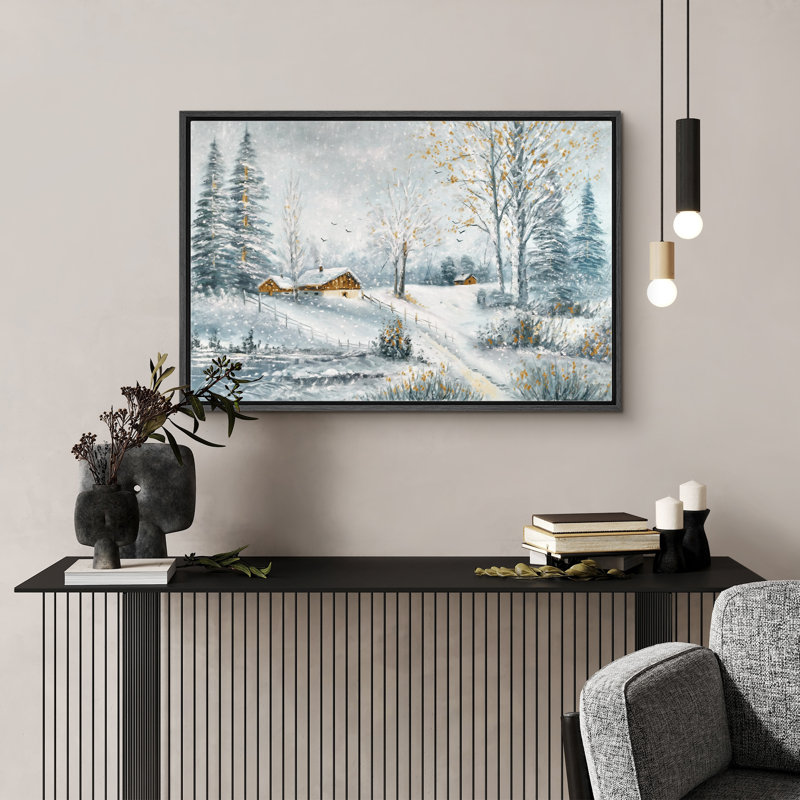 «Winter Village Rustic Snow Pine Tree Country Scenery Landscape Decor», reproduction d'art sur toile encadrée
