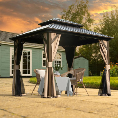 10' X 12' Hardtop Gazebo, Upgraded Metal Gazebo With Drainage System, Dual-Layer Galvanized Steel Roof, Curtain And Netting, Outdoor Shelter Canopy For Patio, Garden, And Backyard