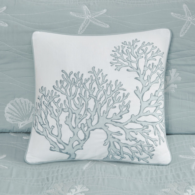 King Dusty Blue Cotton Reversible Quilt Set with Nautical Embroidery