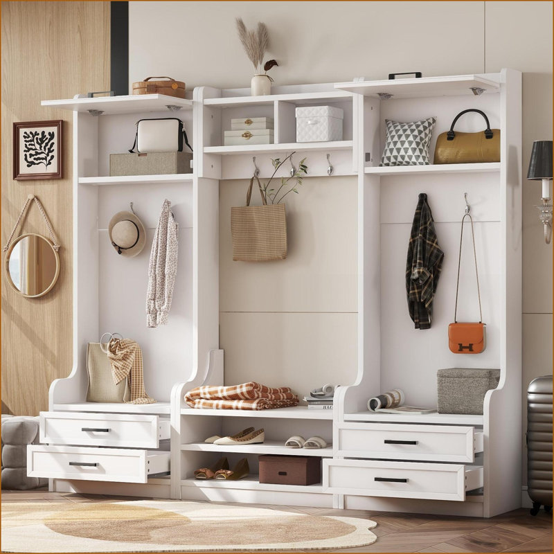 Hall Tree 4-in-1 Detachable with Storage Cabinets, Drawers &amp; 7 Hooks | Beige | MDF + Particle Board, White