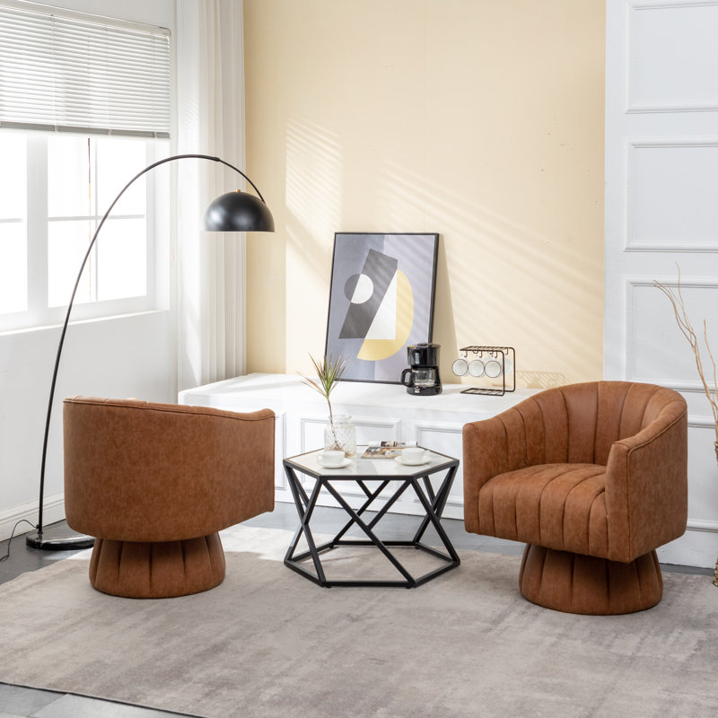 Fauteuil demi-tonneau pivotant de 27,9 po Aedan, Similicuir brun, 2