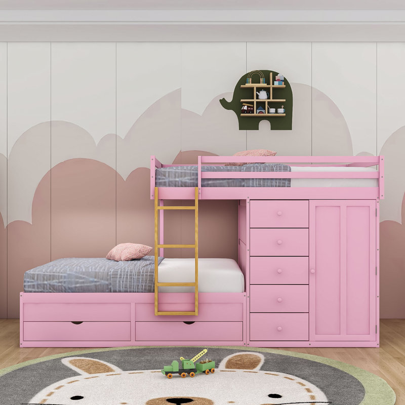 7 Drawers Full Over Full Bunk Bed With Wardrobe, Safety Guardrails And Ladder, Sakura Pink