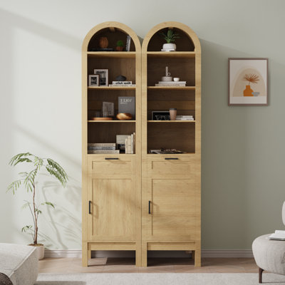 70" Arched Bookcase With Drawer And Cabinet, 6-tier Tall Bookshelf With Adjustable Shelf And Open Display Storage, Modern Wood Bookcase For Living Roo by Latitude Run
