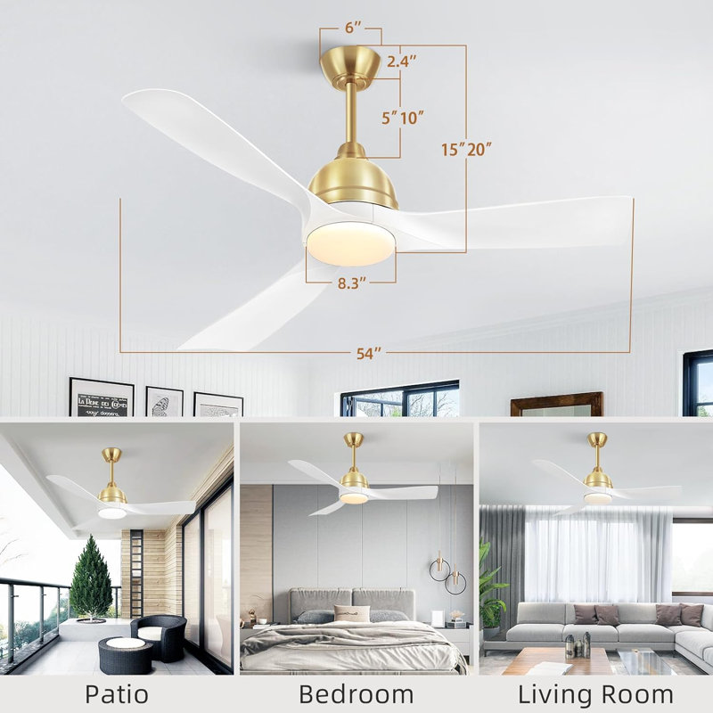 Whisper 54" 3-ABS Blade Modern Smart Ceiling Fan with LED Lights and Remote, Brushed Gold