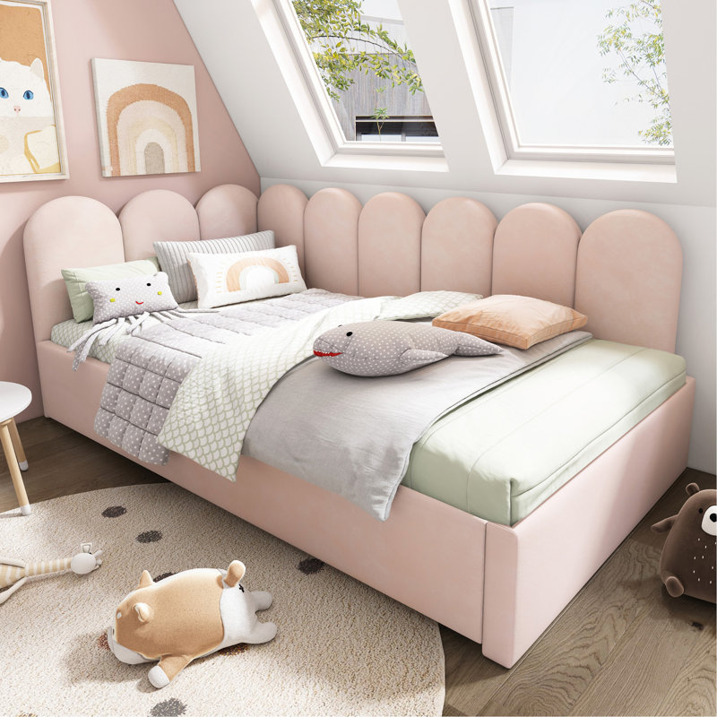 Lit de jour simple en velours rembourré avec couchette coulissante, structure à lattes en métal, conception peu encombrante pour les petites pièces et les chambres d'amis