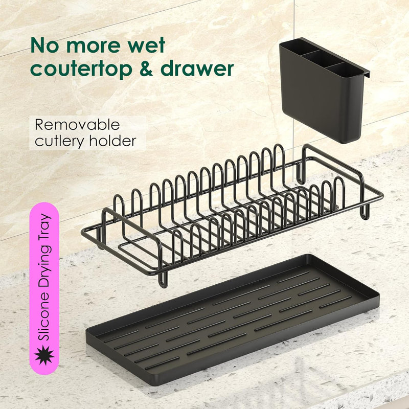 Small Dish Drying Rack, Compact Dish Rack with Silicone Tray and Caddy, 5" H x 6.8" W x 17"D