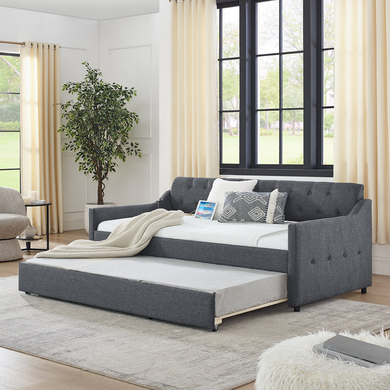 Upholstery DayBed with Erectable Trundle and USB Charging Design, Dark Gray, Twin