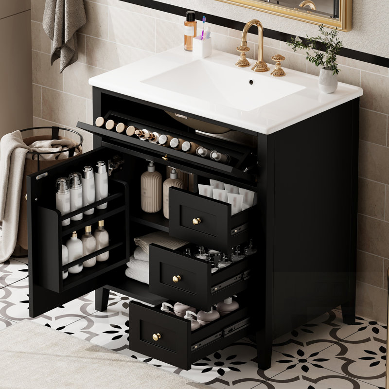 Meuble-lavabo moderne avec lavabo, tablette réglable et 3 tiroirs pour un rangement et une organisation efficaces, Black