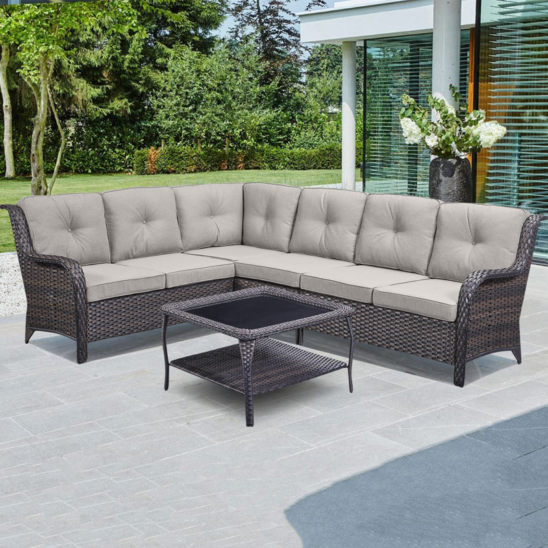 Schutt Wicker 6 - Person Patio Conversation Set with Cushions, Brown, Beige