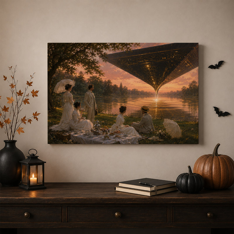 Toile murale d'Halloween « Pique-nique victorien sous un ciel géométrique géant », H 16 po x l 24 po